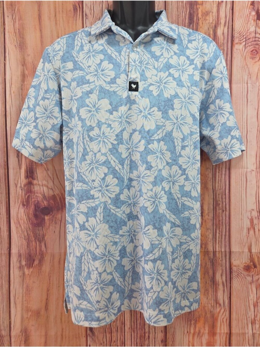 Bad Birdie Mens Blue Hawaiian Floral Golf Polo Large Lightweight Moisture-Wickin